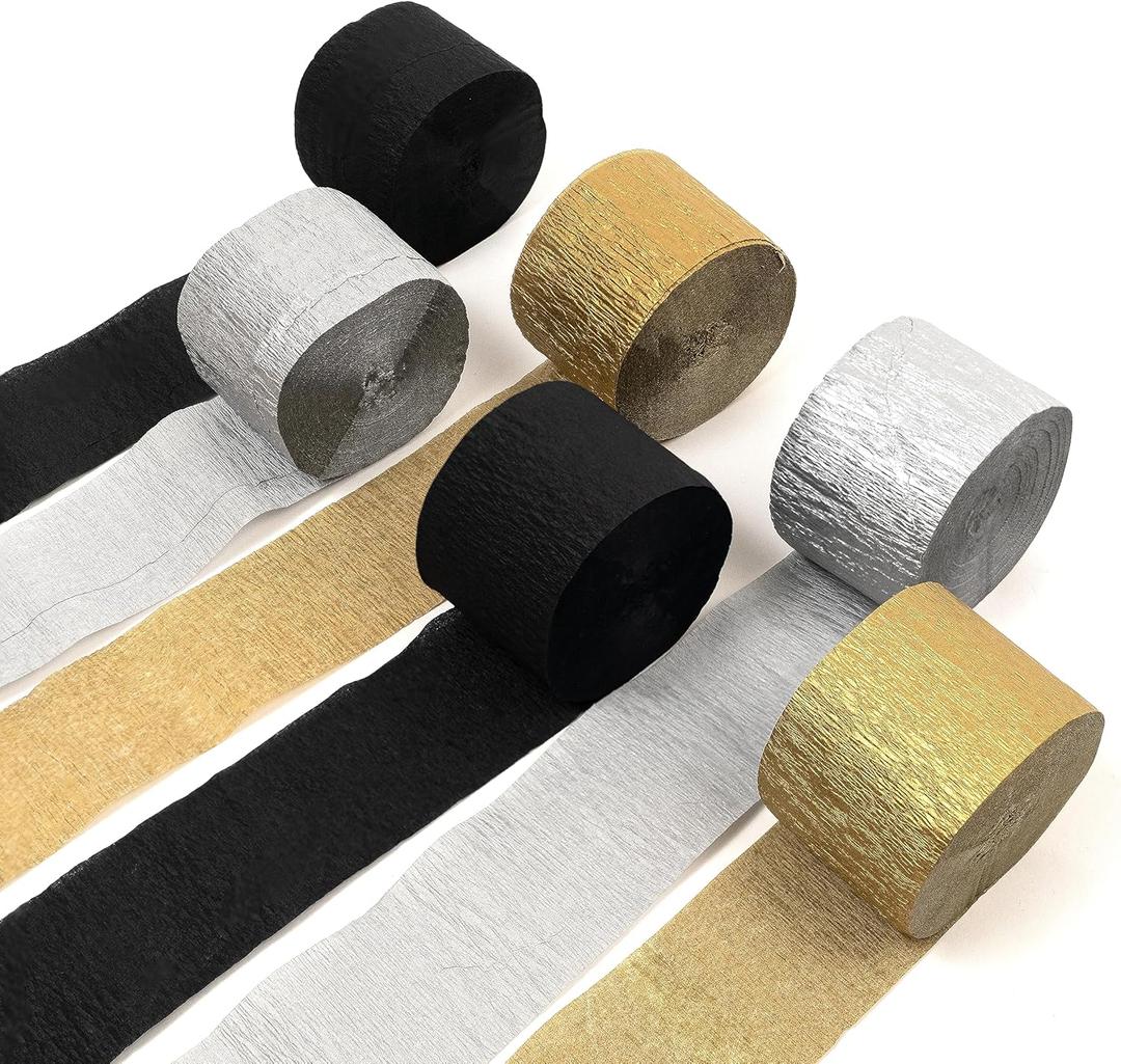 HOUSE OF PARTY Crepe Paper Black Gold Streamers for Graduation Party Decorations 6 Rolls 492ft (1.8 Inch x 82 Ft/Roll), Pack of 2 Gold, 2 Silver, 2 Black , Cheers 