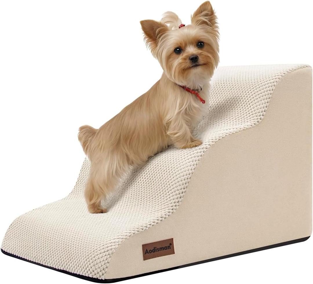 Aodisman Dog Stairs for Small Dogs,3 Step Dog Ramp for Couch and Bed,Pet Stairs with Non-Slip Bottom for Old Cats,Indoor Pet Steps,Comfort,Durable,15.4" H (Beige)