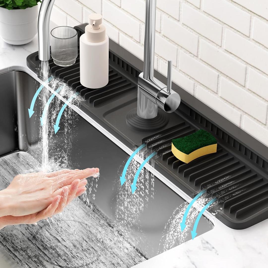 24Inch Kitchen Sink Splash Guard Mat | 7° Slope for Fast SelfDraining | SnapLock Design | Universal & Cuttable Silicone Faucet Mat (Black) L