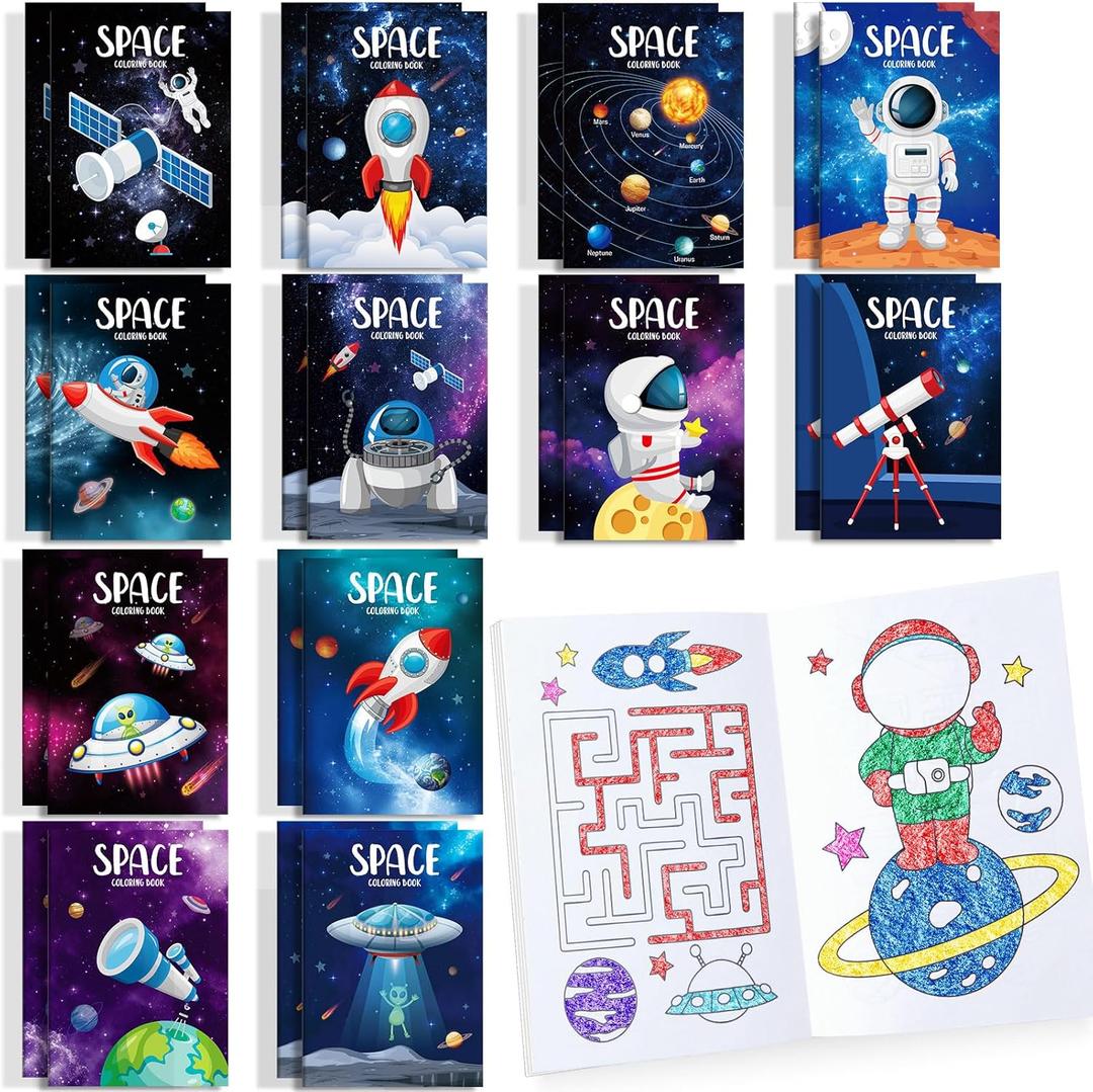BenLouis 24 Pcs Outer Space Mini Coloring Books Kids Astronaut Party Favors Small Activity Books Bulk for Kids Solar System Galaxy Planet Birthday Goodie Bags Stuffers Return Gifts Classroom Travel