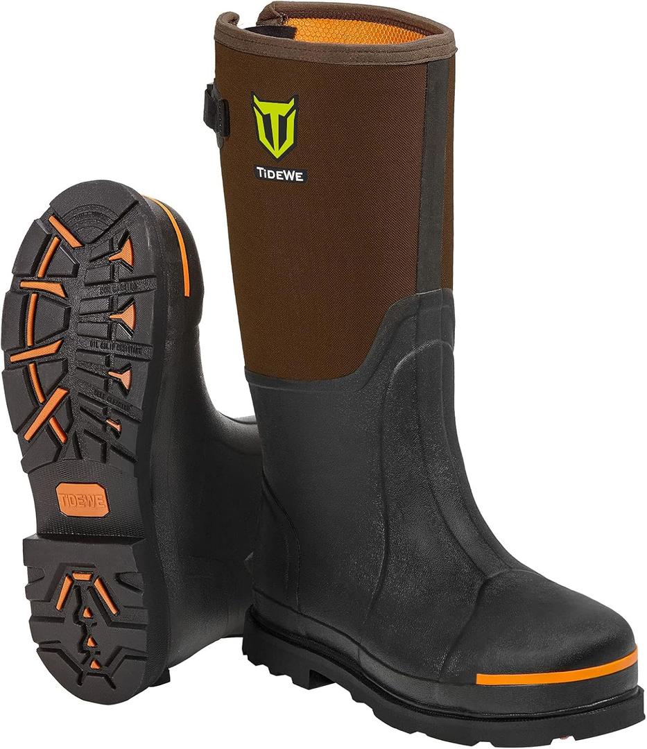 TIDEWE Rubber Work Boot for Men with Steel Toe & Shank, Waterproof Anti Slip Hunting Boot, 6mm Neoprene Hunting Boot for Manufacturing, Construction, Farming, Black,Brown, Size 10