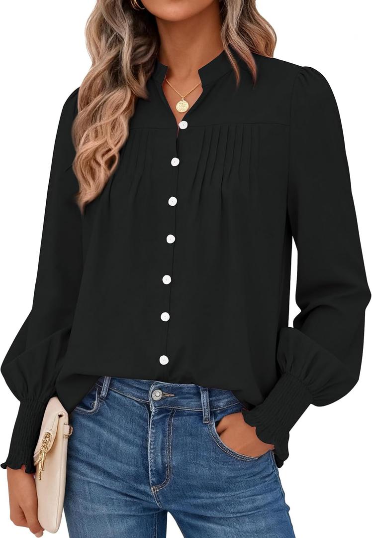 PRETTYGARDEN Fall Lantern Long Sleeve Shirts for Women 2026 Trendy Button Vneck Pullover Henley Tops Dressy Work Blouses (Black, M)