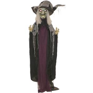 Haunted Hill Farm Life-Size Poseable Scary Talking Witch, Halloween Animatronic with Touch Activated Lights and Sound, Battery Operated Indoor or Covered Outdoor Halloween Decorations, Fright Props