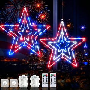 2 Pcs 4th of July Window Decorations Lights, 13.8In Red White and Blue Lights Patriotic Star Light Battery Operated with Timer & 8 Modes 4th of July Decorations Indoor for Home Porch