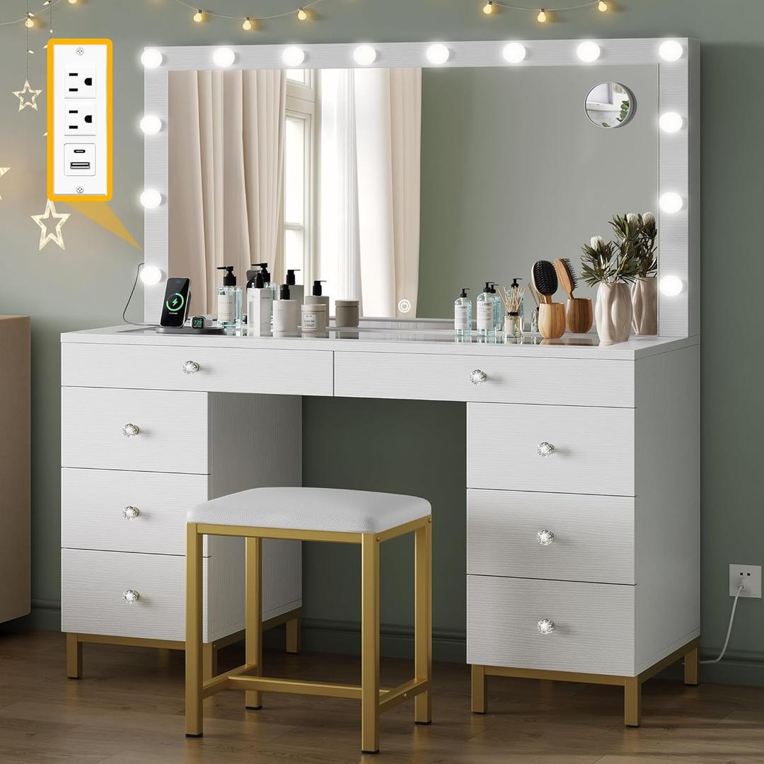 DWVO Vanity Desk with Mirror and Lights, Large Vanity Set with Power Outlet, Makeup Table with 8 Drawers, Dimmable 3 Lighting Colors, Makeup Desk for Bedroom and Dressing Room, White