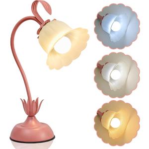 Vintage Flower Table Lamp, 3 Color Temperature Flexible Gooseneck Cute Small Desk Lamp for Bedroom, Kawaii Nightstand Bedside Lamps for Living Room, Dorm, Office, Home Decor (Pink) (Pink)