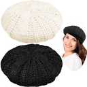 SATINIOR 2 Pcs Women Crochet Beret Solid Color Knit Beanie Hats Lightweight Ladies Slouchy French Beret Hats (Black, Beige)