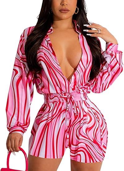 Women's Sexy Long Sleeve Rompers Deep V Neck Elastic Waisted Printed Shorts Jumpsuits One Piece Outfit, size L