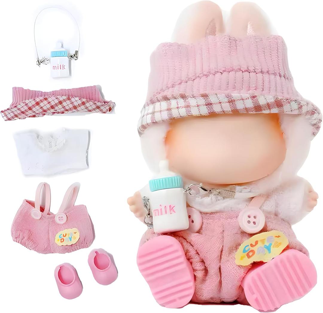 Clothes for Labubu - 5 Pieces Clothing Set for 15cm&17cm Labubu, Cute Dolls Outfits for Girls, with Headband + Undershirt + Overalls + Shoes + Milk Bottle(Pink)