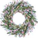 Lokeisna Spring Paper Wreath 24" Paper Wreath,Blue and Pink Spring Wreath with Paper and Fabric Flower,EVA Leaves,Flower Spike,All Seasons Wreath for Front Door,Living Room,Wedding (Blue)