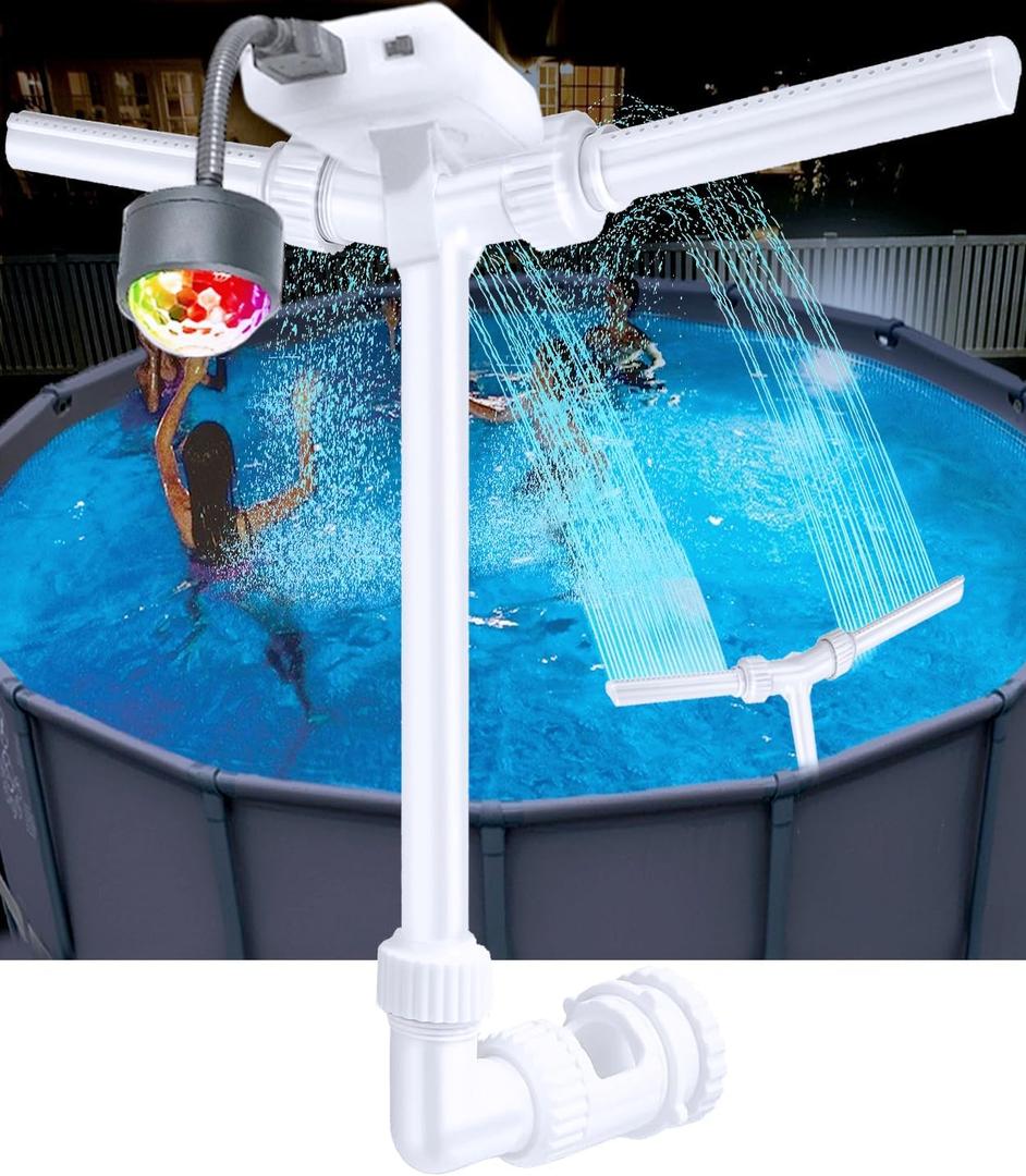 Pool Fountain for Above/In Ground Pool, Multi-Color Waterfall Sprinkler, Adjustable Dual-Spray Aerator for Cooling System,