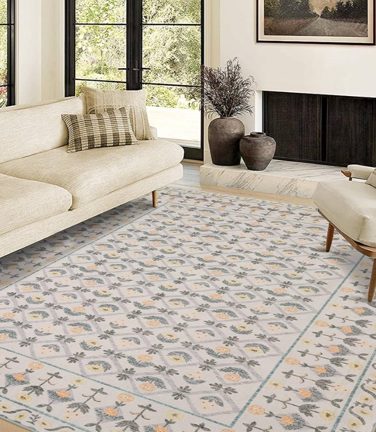 YIHOUSE Beige Floral Vintage Rug 3x5,Washable Area Rugs for Living Room,Colorful Flower Rugs,Non-Slip Carpets White and Pink Boho Area Rug for Bedroom,Nursery
