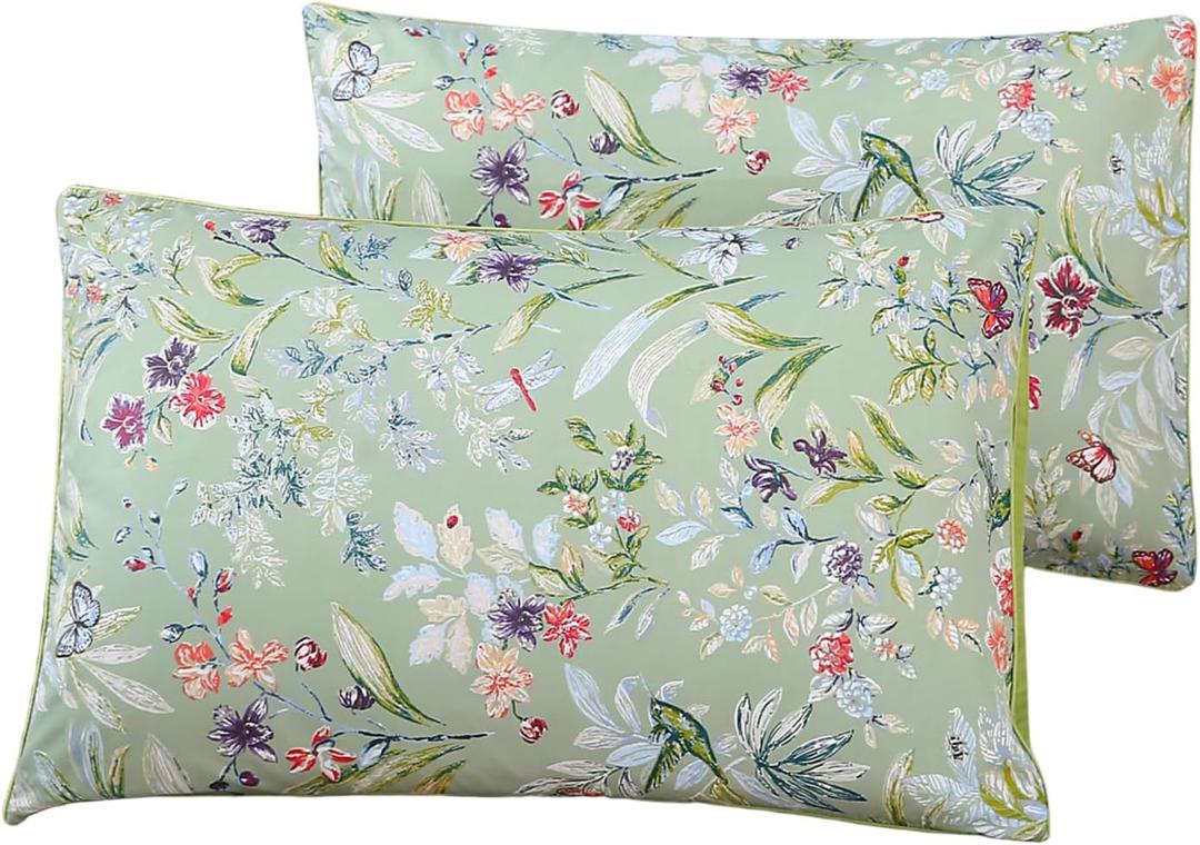 WINLIFE 100% Cotton Pillowcases King Size Sage Green Garden Floral & Butterflies Printed Pillow Cover 2 Pack, Soft Smooth Cool Envelope Closure Pillow Case Set (King, 20"x36")