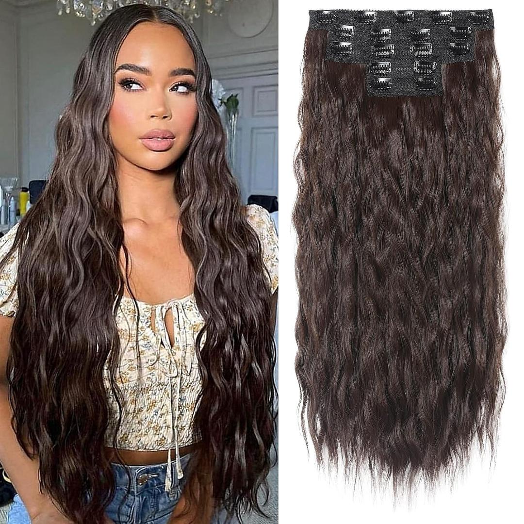 Clip in Hair Extensions, REECHO 5PCS Brown Hair Extensions 24" Thick Long Loose Waves hair extensions HE002 Invisible Lace Weft Natural Soft Hairpieces for Women Dark Brown