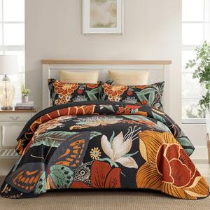 3 Piece Black Boho Floral Full/Queen Quilt Sets Reversible Farmhouse Botanical Lightweight Bedspread Coverlet with 2 Shams Butterfly Microfiber Bedding Quilts Set for All Season, 90''x96'' (Mocha Noir)