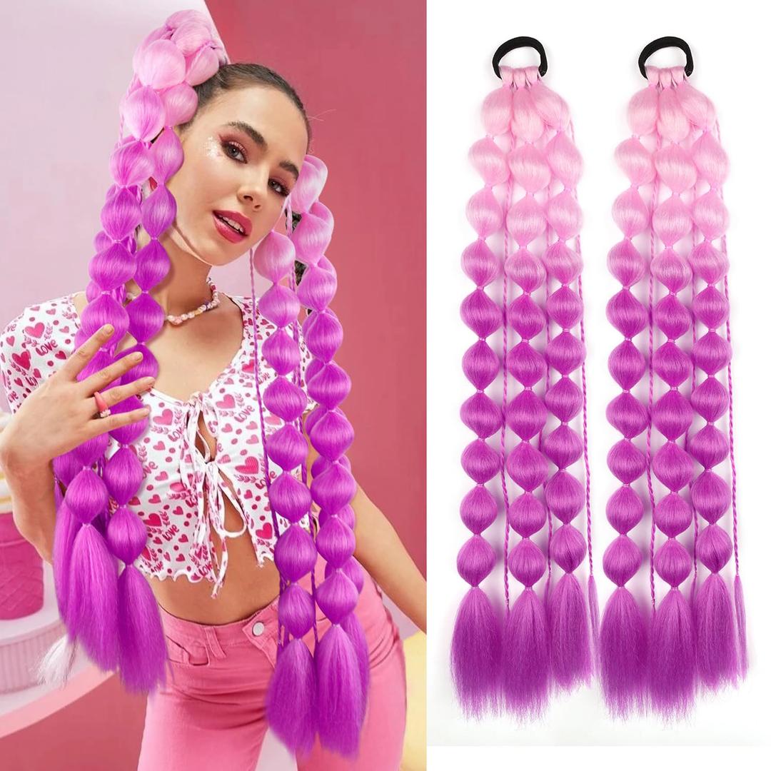 LyoRuSi 22 Inch Colored Bubble Ponytail Extensions, 2 Pcs Lightweight Colored Hair Extensions for Women Bubble Ponytail Extension with Hair Tie (Pink/Purple#)