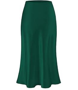 Amy Babe Womens Satin Silk Midi Skirt High Waist A-Line Casual Elastic Waist Long Skirts for Women (DarkGreen, Small)