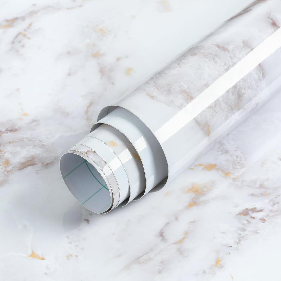 rabbitgoo Glossy Marble Contact Paper Peel and Stick Wallpaper 17.5" X 78.7" Countertop Furniture Waterpoof Self Adhesive Removable Cover for Kitchen Bathroom Cabinet Drawer Shelf Liner Vinyl Roll