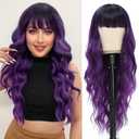 NAYOO Purple Wigs with Bangs - Long Curly Wavy Hair Wigs, Heat Resistant Synthetic Fiber, 24 Inches (Ombre Purple)