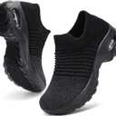 HKR Women's Walking Shoes Arch Support Non Slip Work Shoes Breathable Knit Upper Lightweight for Plantar Fasciitis (8, Black Mix)