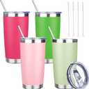 20 oz Tumbler with Lids and Straws, Stainless Steel Insulated Travel Coffee Mug, Double Wall Vacuum Insulated Tumblers, Powder Coated Coffee Tumbler for Cold & Hot Drinks (Mix Color-3, 4 Pack) (Peach Pink,Fruit Green,Matcha,Light Pink)