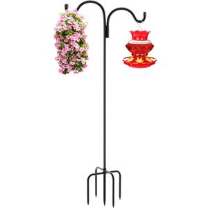 Gtongoko Double Shepherds Hook for Outdoor, 108 Inch Bird Feeder Pole with 5 Prongs Base, 5/8 Inch Thick Heavy Duty Adjustable Garden Hook for Hanging Plant, Lantern, Hummingbird Feeder, 1 Pack