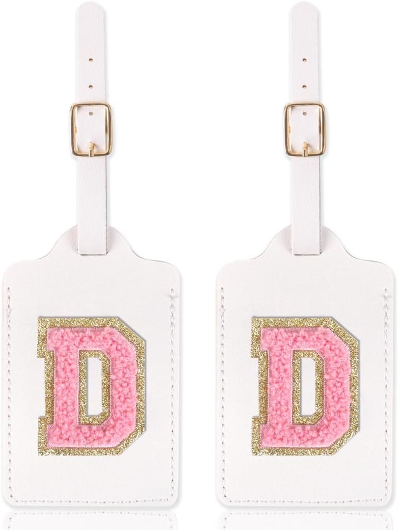 2 Pack Personalized Initial Luggage Tags for Suitcases with Chenille Letter, Cute Leather Luggage Tag Monogrammed Tags for Baggage Bag Travel Gifts for Women Kids Teens(White, D)