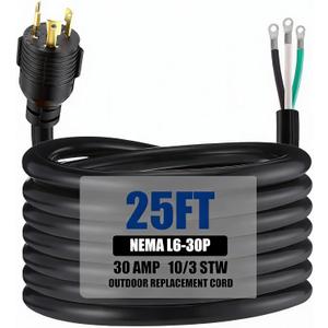 Kanayu 25 ft 10 Awg 3 Prong Replacement Power Cord Compatible with Nema L6-30p, 30 Amp 250v Welder Extension Cord with Open End for Welder Garage Heater Air Compressor, Etl Listed