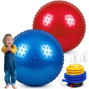 2 Pack 33.5" 85CM Big Knobby Balls Large Sensory Massage Ball with Tactile Spikes for Kids, Indoor Games Outdoor Beach Play,with Pump (Red and Blue)