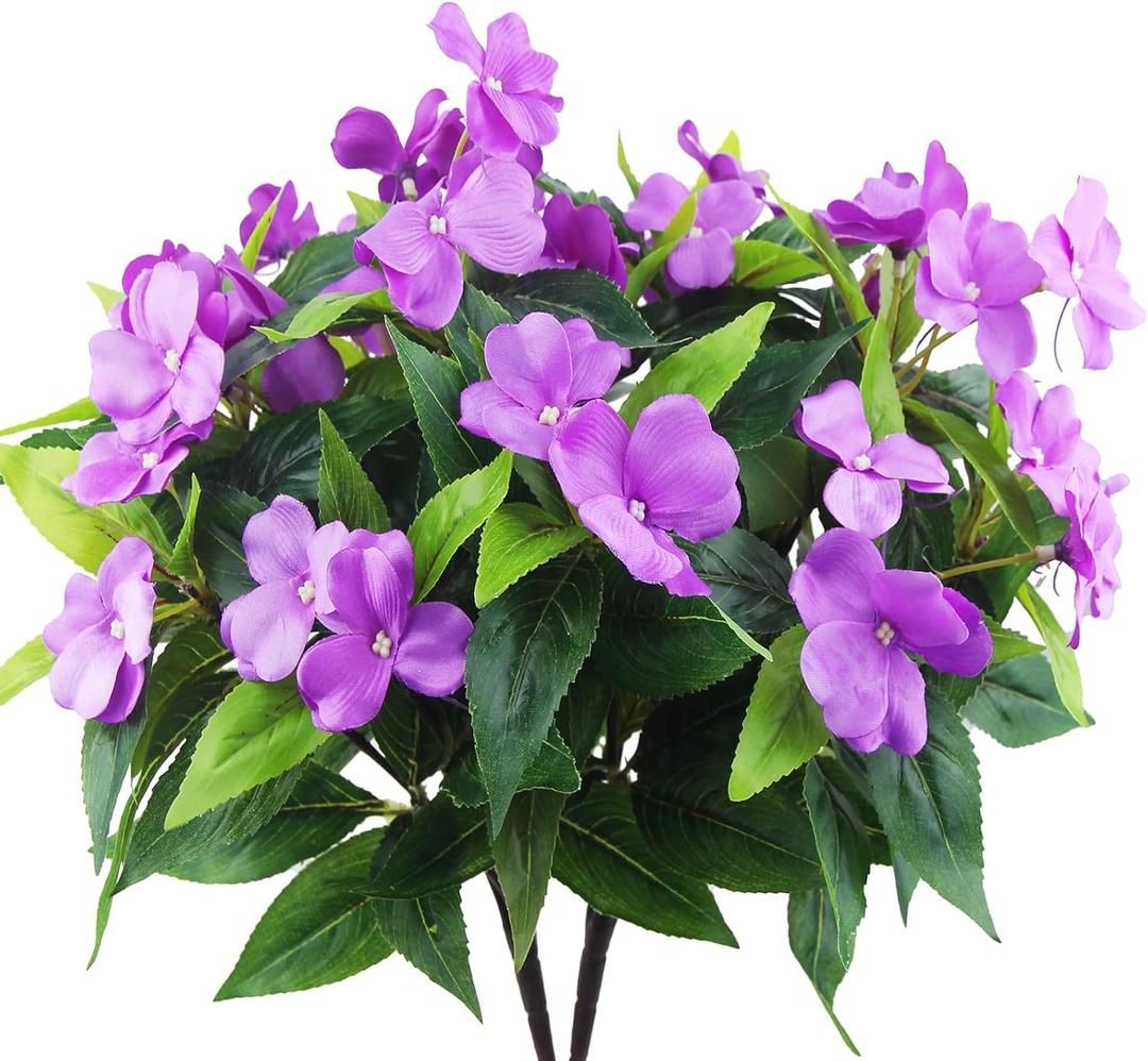 2 Pcs Artificial Impatiens Flowers for Outdoors Faux Impatiens Bushes Purple Silk Flowers Greenery Faux Flowers for Outdoor Planters Patio Lawn Garden Balcony Pot Hanging Basket Porch Decor