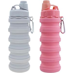 Collapsible Water Bottles Travel water bottle Sports Portable Sport Water Bottle Reusable Water Bottles comes with mountaineering Buckle 500ml silicone Water-proof camping water bottle (Light grey+Pink)