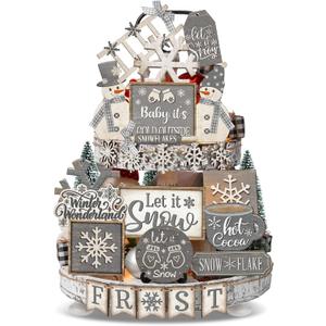 Nuogo 25 Pcs Winter Tiered Tray Decor Wood Rustic Winter Decoration for Home Christmas Snowflake Table Shelf Farmhouse Let It Snow Decor Xmas Snowman Signs for Table Holiday (Gray)