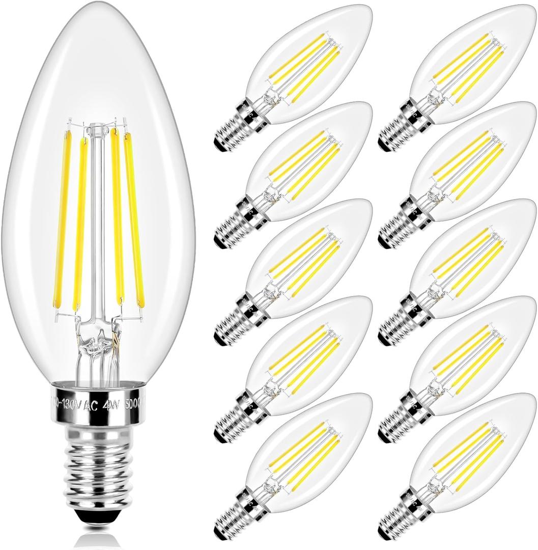 LED Candle Bulbs 40W Equivalent, E12 Candelabra Light Bulbs 4W 470Lm Clear Edison LED Bulb, Daylight White 5000K B11 Classic Bright Filament Bulbs, Dimmable Decorative Bulb for Lamps, Pack of 10