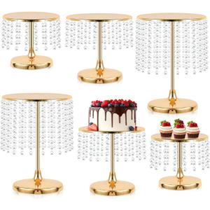 Metal Mirror Cake Stand Set with Crystal Pendants - Elegant Dessert Table Display for Weddings, Birthday Parties, Baby Showers, Events - Sturdy Crystal Bling Cupcake Stands for Pastries, Sweets, Decorations (Gold, Set of 6)