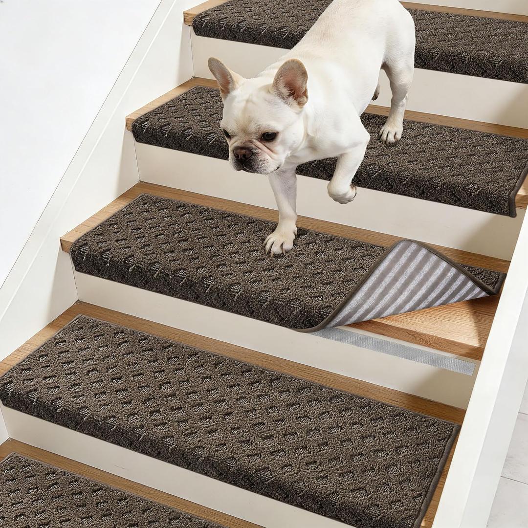 JSEI Bullnose Carpet Stair Treads, 14 Pcs Non Slip Stair Treads for Wooden Steps Indoor with TPE Backing, 11" x 30" Machine Washable Stair Runners with Edge Protection for Kids, Elders and Pets, Brown
