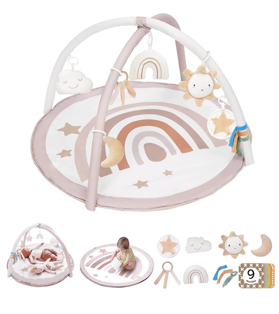 Baby Play Gym Mat, Tummy Time Activity Mat with 7 Detachable Toys and 12 Milestone Cards for Stage-Based Sensory and Motor Skill Development, Washable Play Mats for Infant, Newborn Baby Essentials (Rainbow)