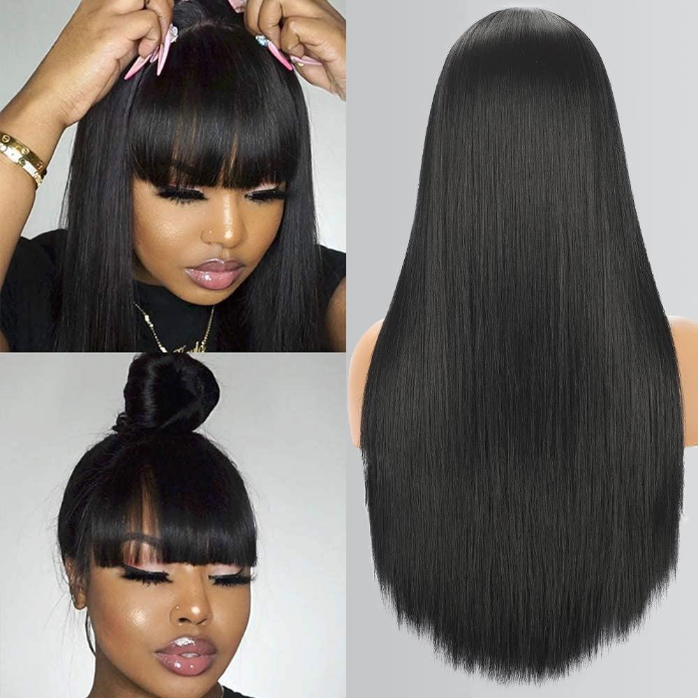 Long Straight Wig with Bangs Natural Black Wigs for Women Fashion Silky Soft Smooth Remy Hair Wear and Go Glue less Wig Machine Made Synthetic Wigs Regular Everyday Wig Realistic Daily Full Hair