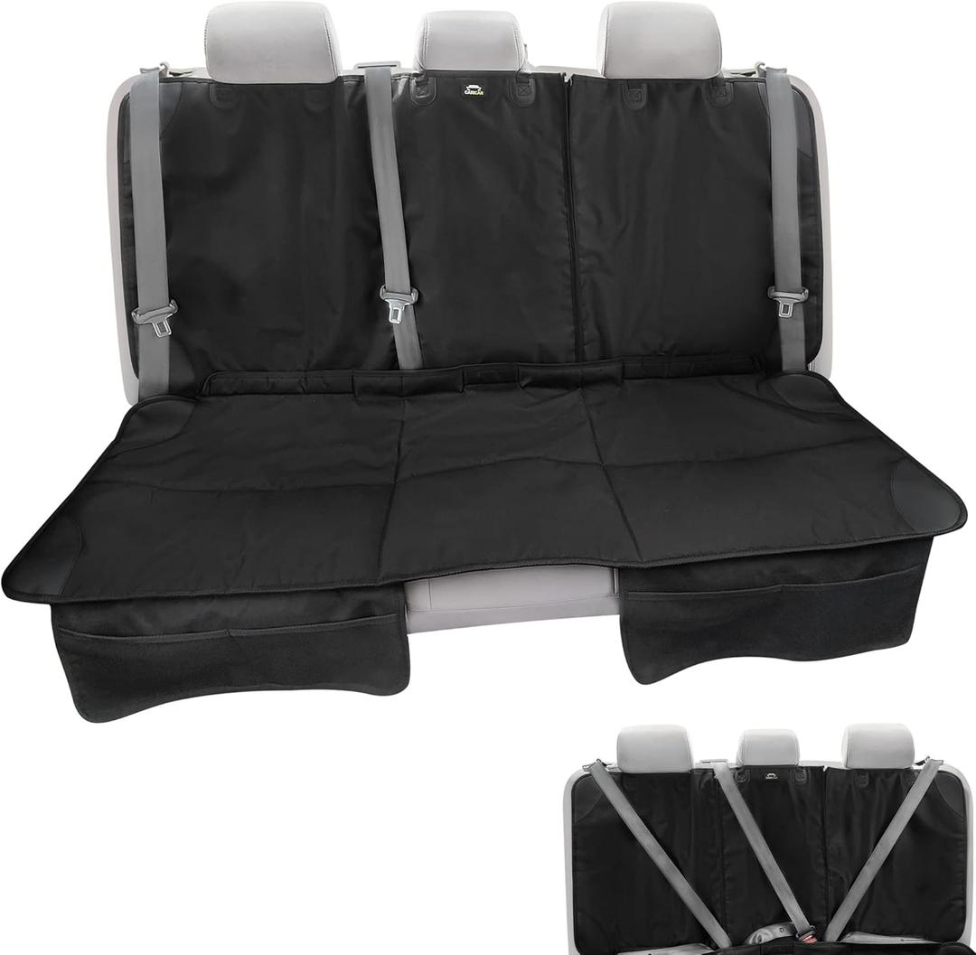 Car Seat Protector, Under Child Car Seats Cover | Waterproof, 3 Functional Rear Belts, Baby Carseat Cushion, Covers Fabric and Leather Seats | 4Pockets Non-Slip Thick Padding
