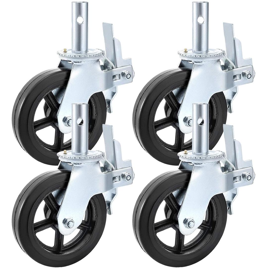 VEVOR 4 Pack Scaffolding Wheels, 8 x 2 Inch Scaffold Caster Wheels with Dual Locking Rubber Swivel Casters, 360 Degrees Heavy Duty Rubber Swivel Stem Casters with Brake, 2908LBS Capacity