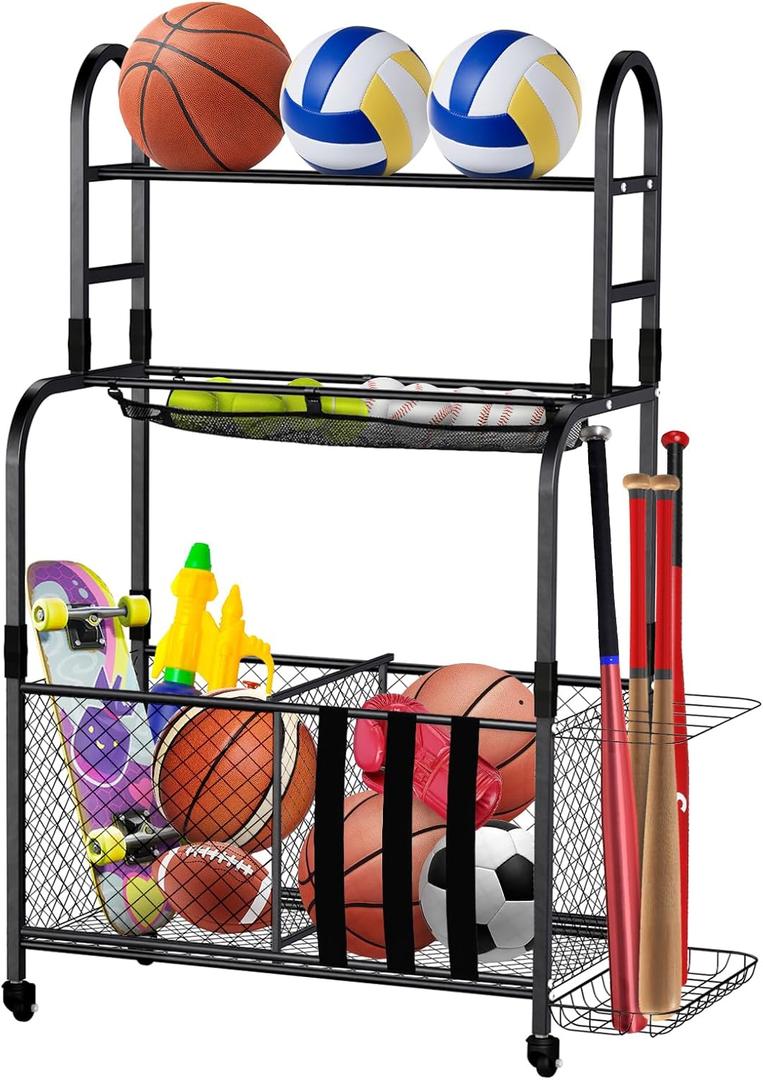 Ball Stroage Rack | Sports Equipment Organizer | Ball Rack for Basketball, Volley Ball, Soccer | Indoor and Outdoor Ball Rack for Home, School, Yard, Gym (Ribbon style)