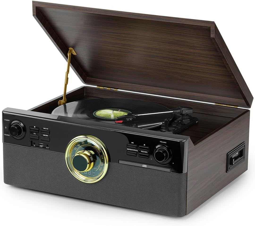 All-in-One Record Player with CD and Cassette, 3-Speed Bluetooth Turntable with Built-in Speakers, USB Recording