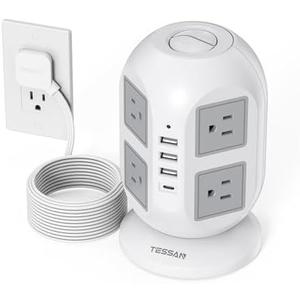 TESSAN Tower Surge Protector Power Strip 10 ft, Long Flat Extension Cord with Multiple Outlets, 8 AC Outlets with 4 USB Ports (1 USB C), Charging Station with Surge Protection, for Home Office Dorm