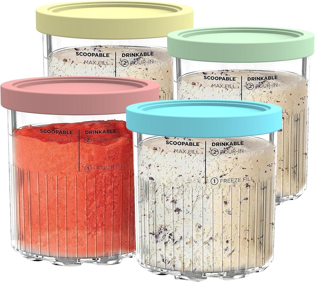 Replacement for Ninja Creami Pints and Lids - 4 Pack NC501, Compatible with Ninja NC501 NC500 Series Creami Deluxe ice Cream Makers, Containers with Leak Proof Lids, Dishwasher Safe (Green, Blue, Pink, Yellow)