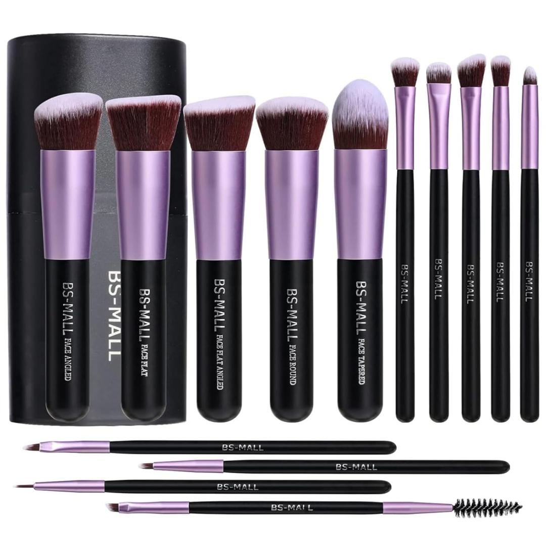 BS-MALL Makeup Brushes Premium Synthetic Foundation Powder Concealers Eye Shadows 14 Pcs Purple for Makeup Beginner or Professional with Travel Case