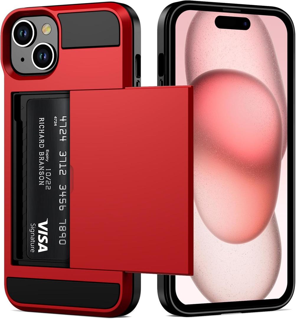Vofolen for iPhone 15 Case with Card Holder, Dual Layer Heavy Duty Shockproof Wallet Phone Case, Hidden Sliding Card Slot Protective Hard Back Shell Slim Case Cover for iPhone 15, 6.1 Inch Red