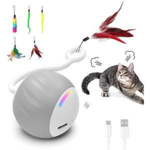 Interactive Cat Toys for Indoor Cats, Touch & Sound Smart Control - Fast slow 2 Speed Motion Activated Cat Ball Toy for Bored Cats With LED Lights, Feathers Tail, USB Charging Cable, 6in1 - Gray