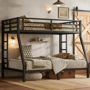 Bellemave Twin Over Full Bunk Bed with Ladders, Metal Bunk Beds Frame with Full-Length Guardrails, Heavy-Duty Bunkbed for Bedroom, Guest Room, Dorms, Noise-Reduce and No Spring Box Needed, Black