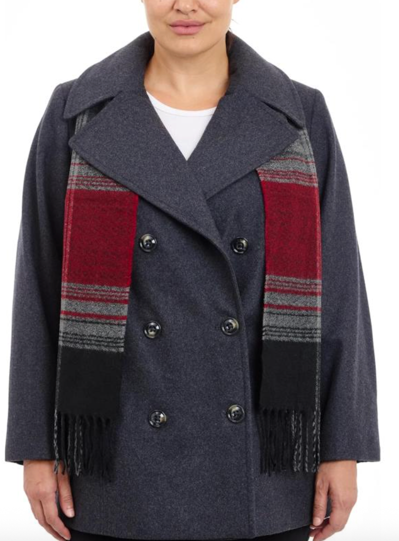 LONDON FOG Women’s Plus-Size Double Breasted Peacoat with Scarf(Charcoal), 2X