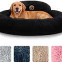 PetJett Large Dog Bed - 36'' Calming Donut Dog Beds, Anti-Slip & Washable Large Round Bed, Fluffy Faux Fur Pet Bed, Super Soft Anti-Anxiety Premium Comfort Bed, Fits Dogs up to 80 lbs - Black
