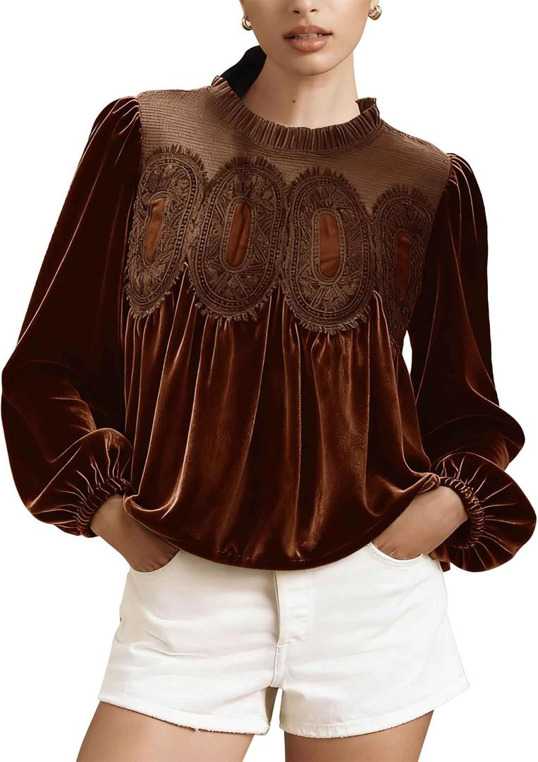Velvet Tops for Women Lace Trim Long Sleeve Blouse Elegant Flared Crew Neck Loose Fit Ruffle Flowy Babydoll Shirts (Large, Brown)